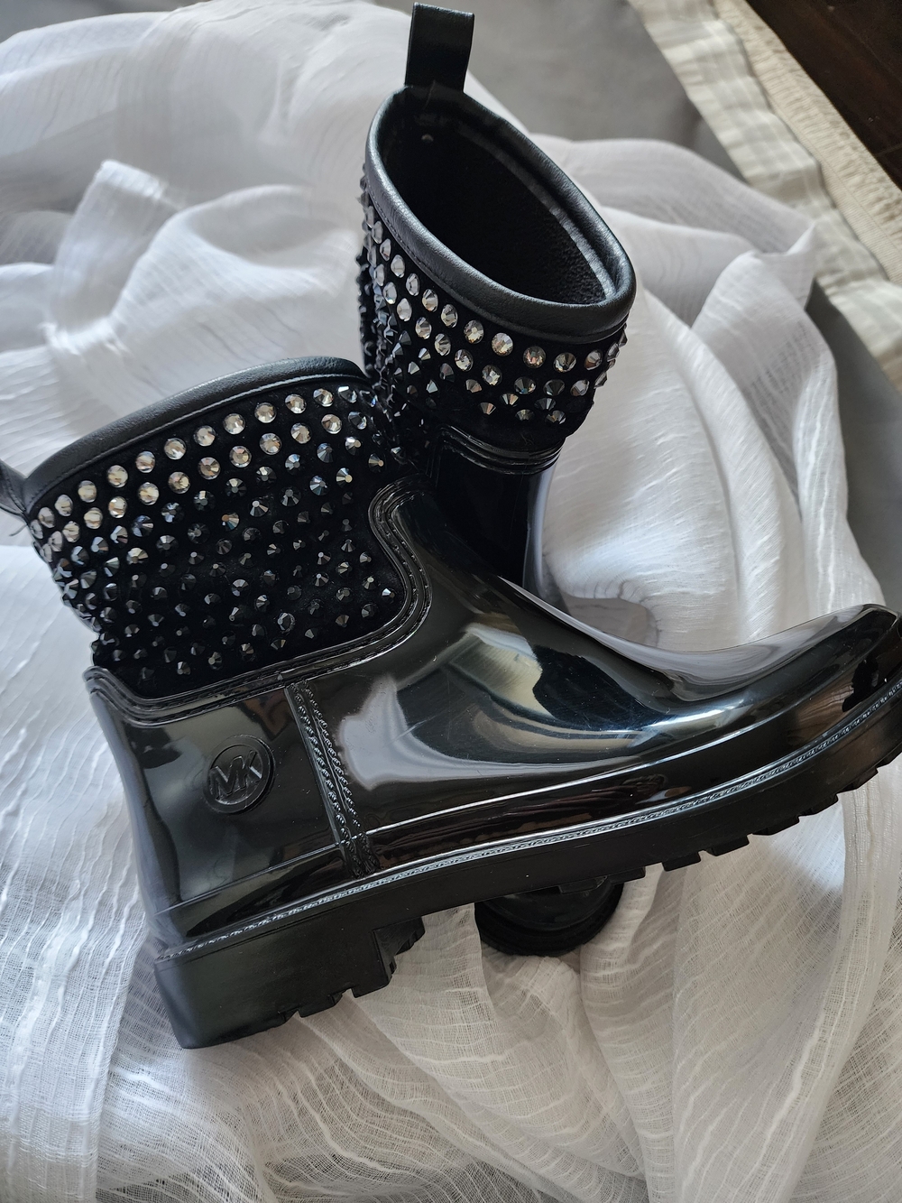 Michael Kors Dani Black Lined Rhinestone Studded Ankle Rain Boots Size 6 - Picture 5 of 6